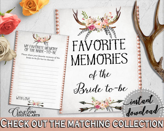 Favorite Memories Of The Bride To Be in Antlers Flowers Bohemian Bridal Shower Gray and Pink Theme, remember game, party plan - MVR4R - Digital Product