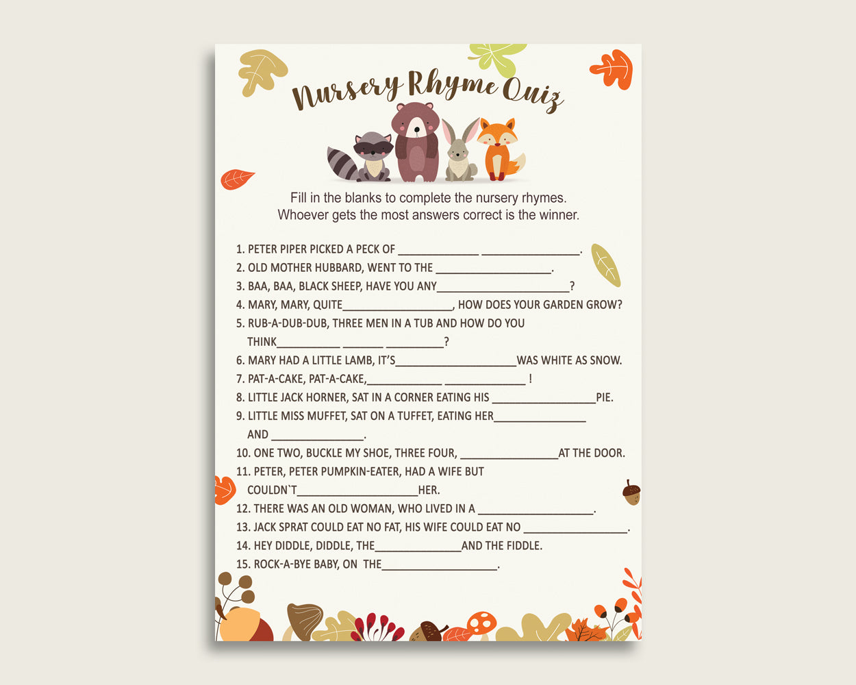 Woodland Nursery Rhyme Quiz Printable, Brown Beige Nursery Rhyme Game, Brown Beige Baby Shower Gender Neutral Activities, Instant w0001