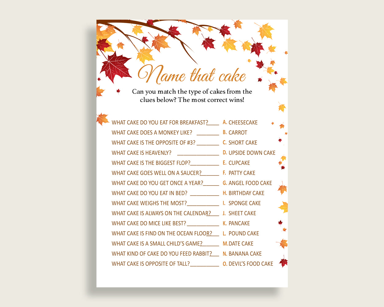 Name That Cake Bridal Shower Name That Cake Fall Bridal Shower Name That Cake Bridal Shower Autumn Name That Cake Brown Yellow party YCZ2S