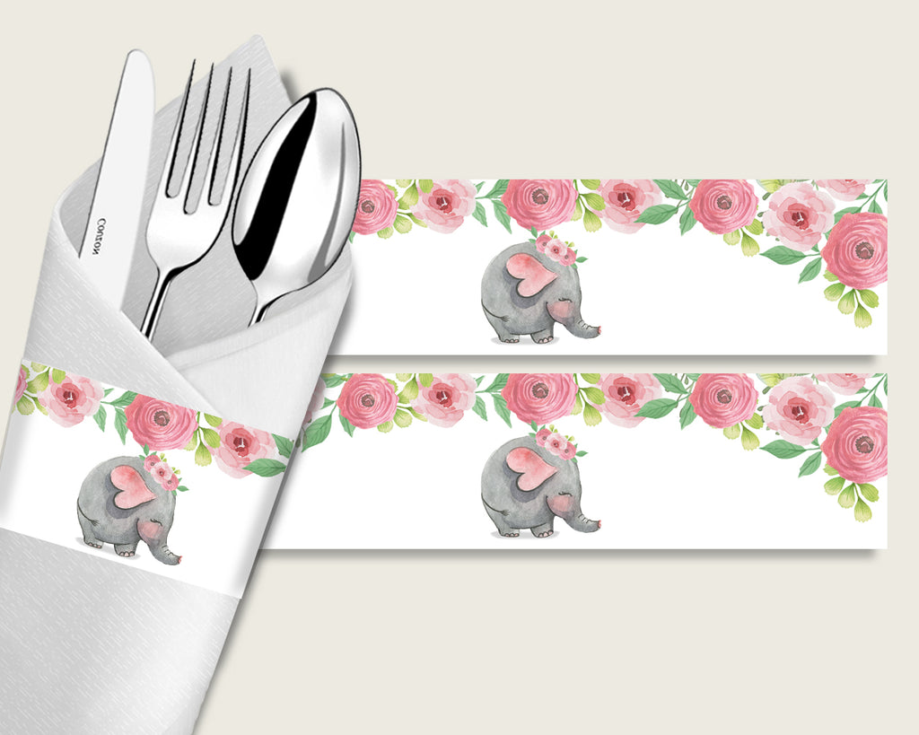 Pink Elephant Baby Shower Napkin Rings Printable, Pink Grey Napkin Wrappers, Girl Shower Utensils Wrap, Instant Download, ep001