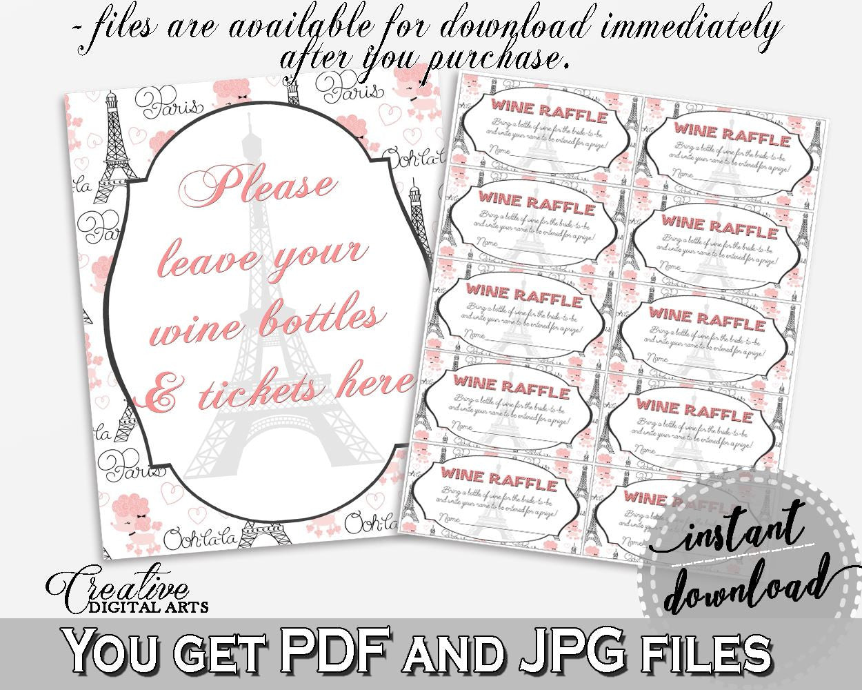 Paris Bridal Shower Wine Raffle in Pink And Gray, wine card, french bridal shower, party décor, party ideas, party supplies, prints - NJAL9 - Digital Product