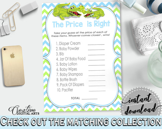 Baby Shower THE PRICE IS RIGHT game with green alligator and blue color theme, instant download - ap002