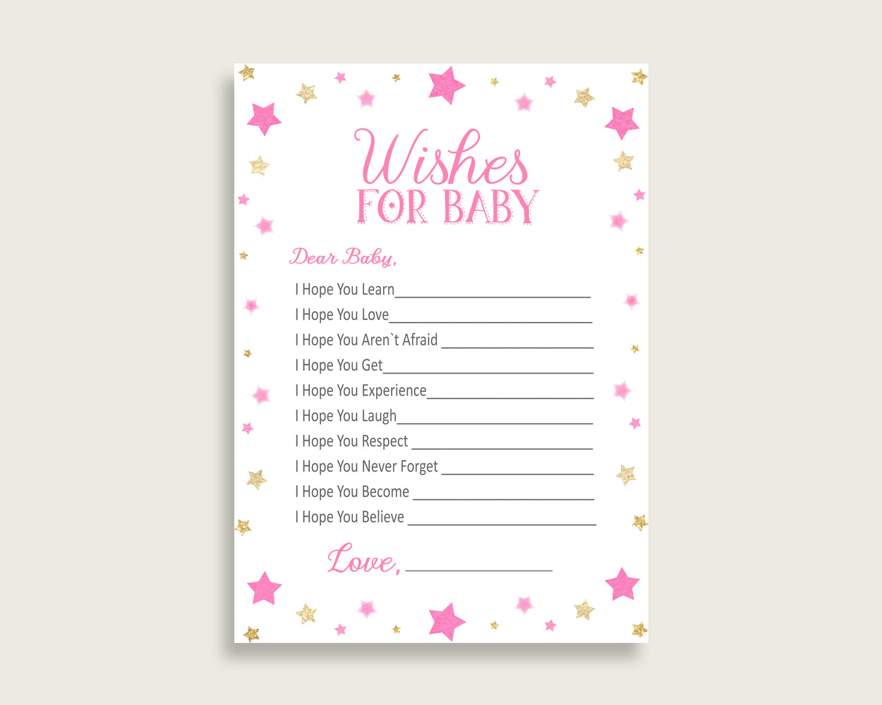 Pink Gold Wishes For Baby Cards & Sign, Twinkle Star Baby Shower Girl Well Wishes Game Printable, Instant Download, Most Popular bsg01