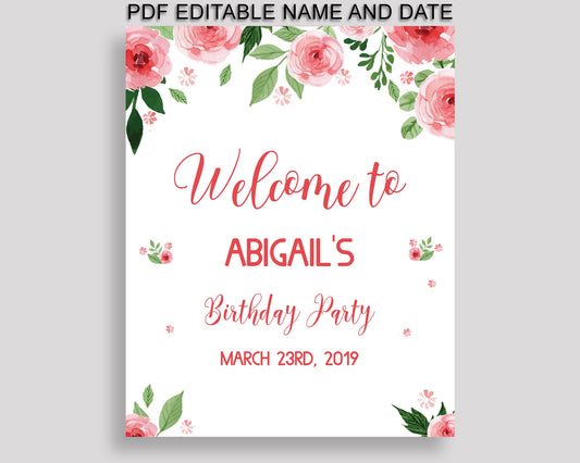 Girl Welcome Birthday Sign Watercolor Flowers Decoration Sign Pink Green Printable Watercolor Flowers Welcome Sign SLEPQ