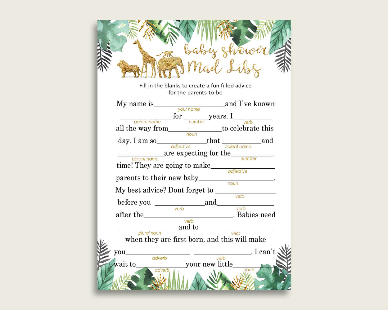 Gold Green Mad Libs Baby Shower Gender Neutral Game Printable, Jungle Mad Libs Fun Activity, DIY digital file, Cute Animals EJRED