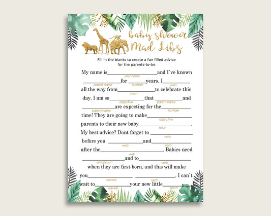 Gold Green Mad Libs Baby Shower Gender Neutral Game Printable, Jungle Mad Libs Fun Activity, DIY digital file, Cute Animals EJRED