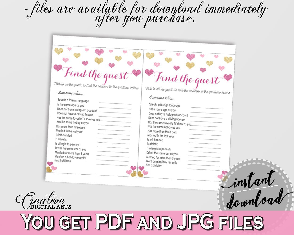 Find The Guest Game in Glitter Hearts Bridal Shower Gold And Pink Theme, adventure game,  bridal shower love, party theme, prints - WEE0X - Digital Product