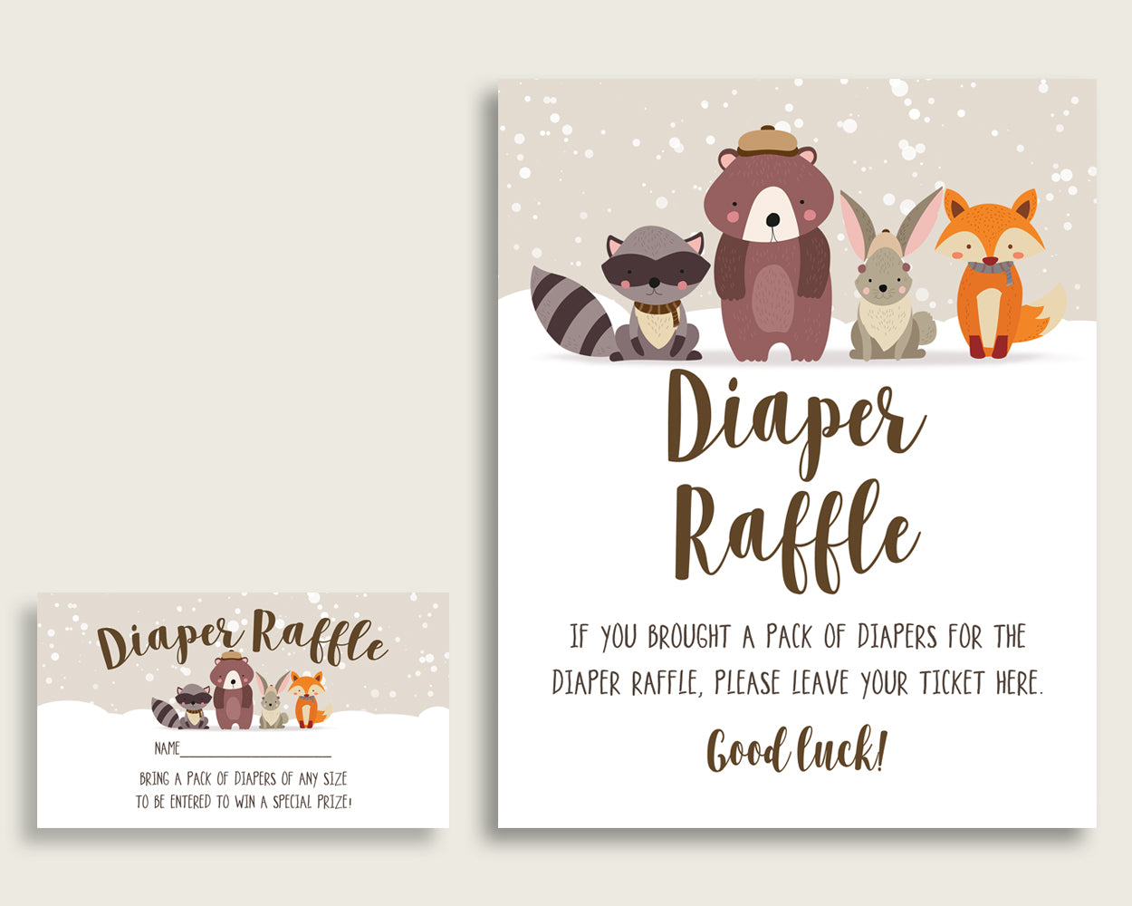 Winter Woodland Baby Shower Diaper Raffle Tickets Game, Gender Neutral Beige Brown Diaper Raffle Card Insert and Sign Printable RM4SN