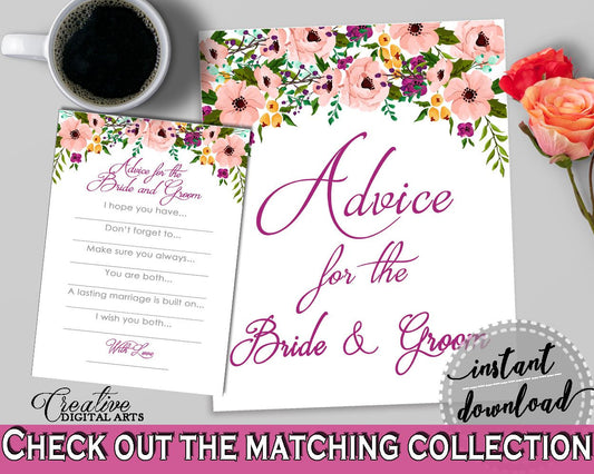 Watercolor Flowers Bridal Shower Advice For The Bride And Groom in White And Pink, bride and groom, digital download, pdf jpg - 9GOY4 - Digital Product