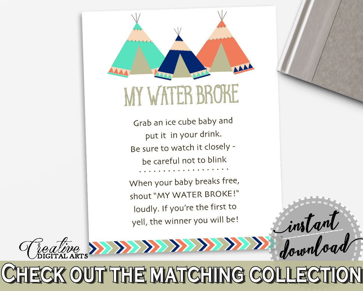 My Water Broke Baby Shower My Water Broke Tribal Teepee Baby Shower My Water Broke Baby Shower Tribal Teepee My Water Broke Green KS6AW - Digital Product