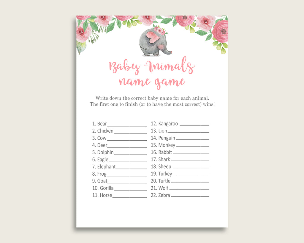Pink Elephant Name The Baby Animals Game Printable, Pink Grey Baby Shower Animal Game, Girl Baby Shower, Instant Download, ep001