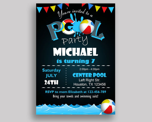 Pool Birthday Invitation Pool Birthday Party Invitation Pool Birthday Party Pool Invitation Boy Girl self editable, kids invite Q10JO - Digital Product