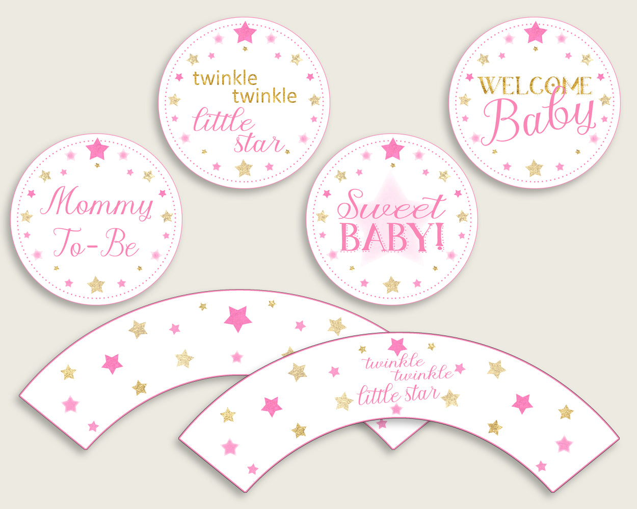 Twinkle Star Cupcake Toppers, Pink Gold Cupcake Wrappers, Toppers Wrappers Baby Shower Girl, Instant Download, Cute Stars bsg01