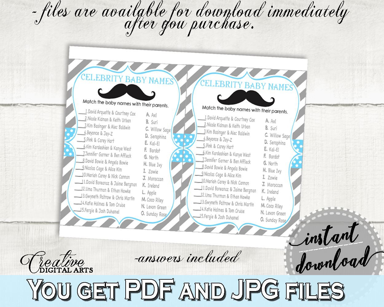 Celebrity Baby Names, Baby Shower Celebrity Baby Names, Mustache Baby Shower Celebrity Baby Names, Baby Shower Mustache Celebrity Baby 9P2QW - Digital Product