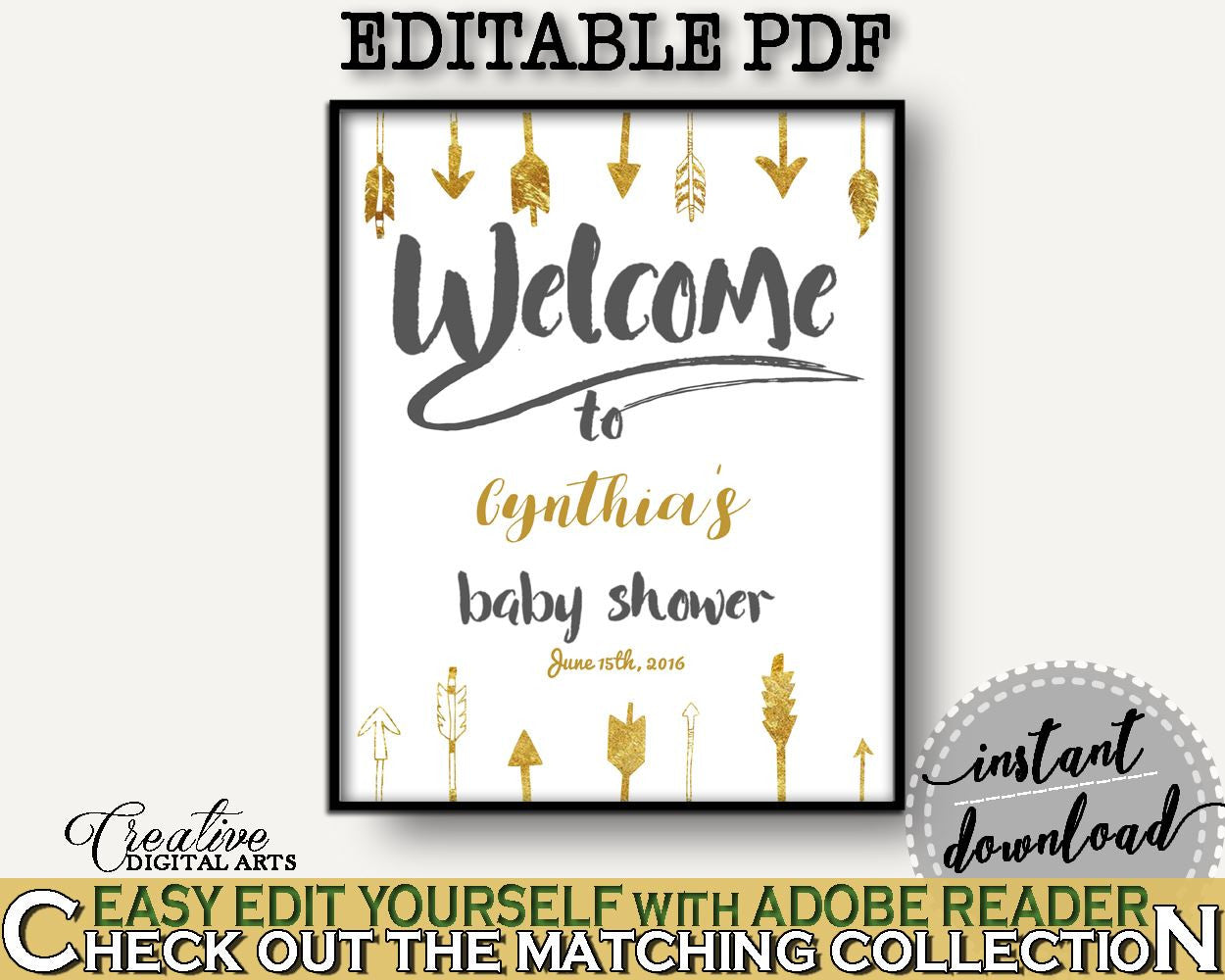 Welcome Sign Baby Shower Welcome Sign Gold Arrows Baby Shower Welcome Sign Baby Shower Gold Arrows Welcome Sign Gold White - I60OO - Digital Product