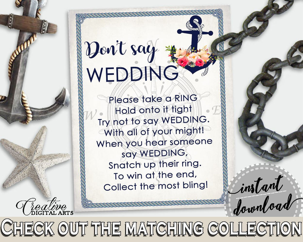 Don't Say Wedding Game in Nautical Anchor Flowers Bridal Shower Navy Blue Theme, funny bridal game, nautical theme, party ideas - 87BSZ - Digital Product