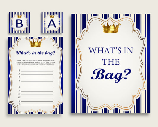 Royal Prince Baby Shower What's In The Bag Game, Blue Gold Boy Bag Game Printable, Instant Download, King Crown King Gold Crown rp001