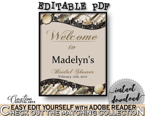 Bridal Shower Welcome Sign Editable in Seashells And Pearls Bridal Shower Brown And Beige Theme, entrance sign, party ideas - 65924 - Digital Product