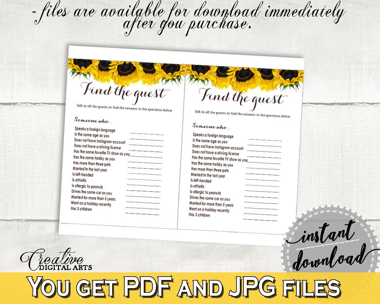 Find The Guest Bridal Shower Find The Guest Sunflower Bridal Shower Find The Guest Bridal Shower Sunflower Find The Guest Yellow White SSNP1 - Digital Product