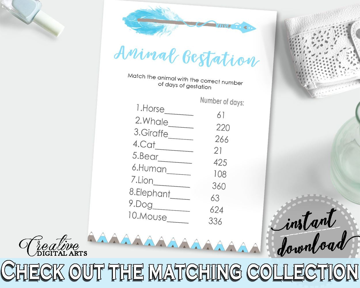 Animal Gestation Baby Shower Animal Gestation Aztec Baby Shower Animal Gestation Blue White Baby Shower Aztec Animal Gestation QAQ18 - Digital Product