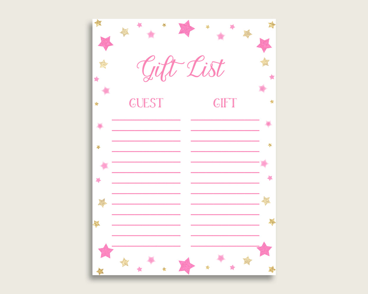 Twinkle Star Baby Shower Gift List, Pink Gold Gift List Printable, Girl Baby Shower Gift Checklist Sheet, Instant Download, Cute Stars bsg01