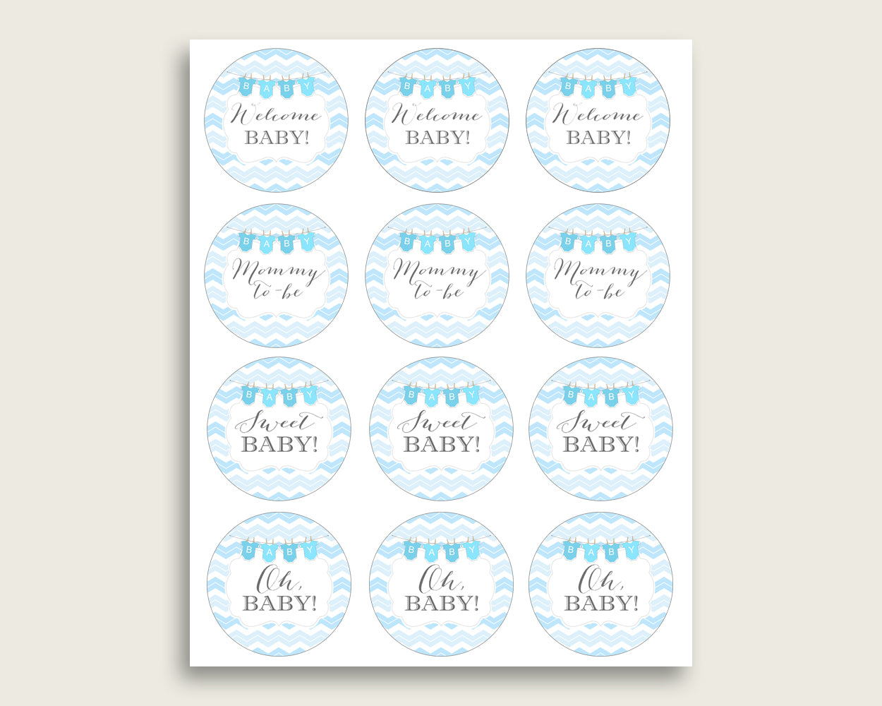 Chevron Cupcake Toppers, Blue White Cupcake Wrappers, Toppers Wrappers Baby Shower Boy, Instant Download, Stripy Lines Zig Zag Theme cbl01