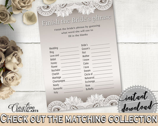 Finish The Bride's Phrase Game in Traditional Lace Bridal Shower Brown And Silver Theme, prize games, blush shower, printable files - Z2DRE - Digital Product