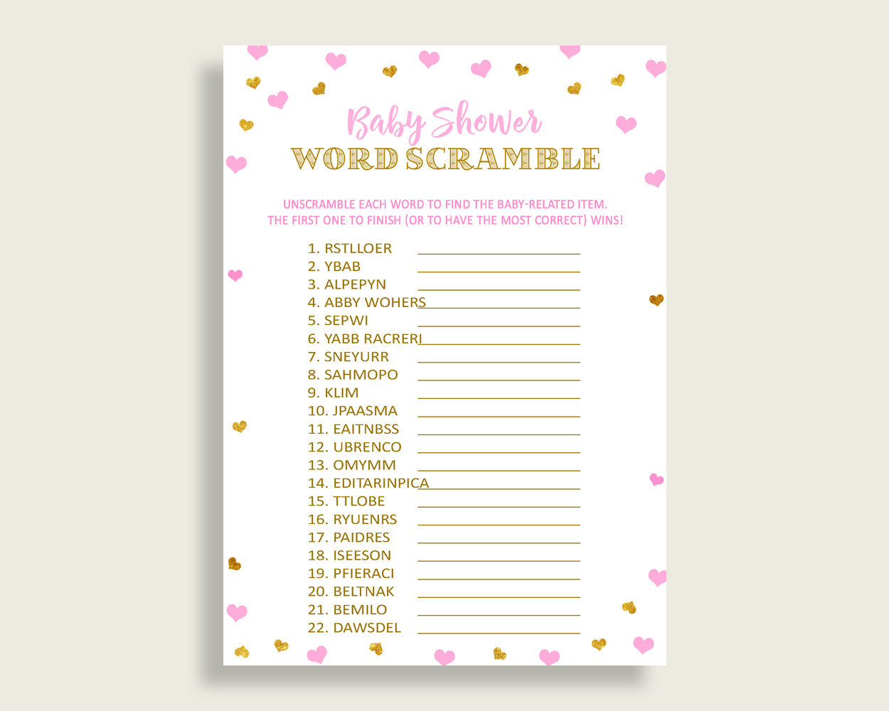 Word Scramble Baby Shower Word Scramble Hearts Baby Shower Word Scramble Baby Shower Hearts Word Scramble Pink Gold printables bsh01