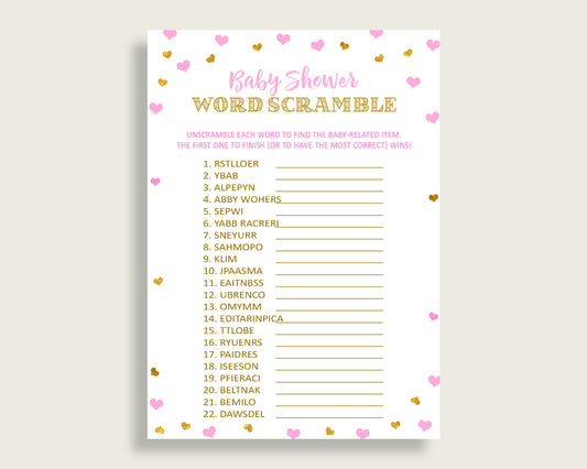 Word Scramble Baby Shower Word Scramble Hearts Baby Shower Word Scramble Baby Shower Hearts Word Scramble Pink Gold printables bsh01