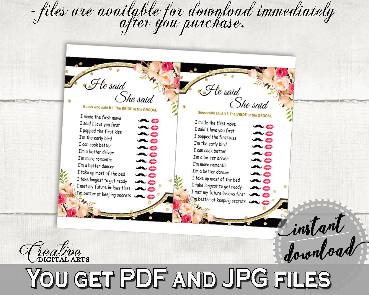 Black And Gold Flower Bouquet Black Stripes Bridal Shower Theme: He Said She Said Game - guess who said it, customizable files - QMK20 - Digital Product