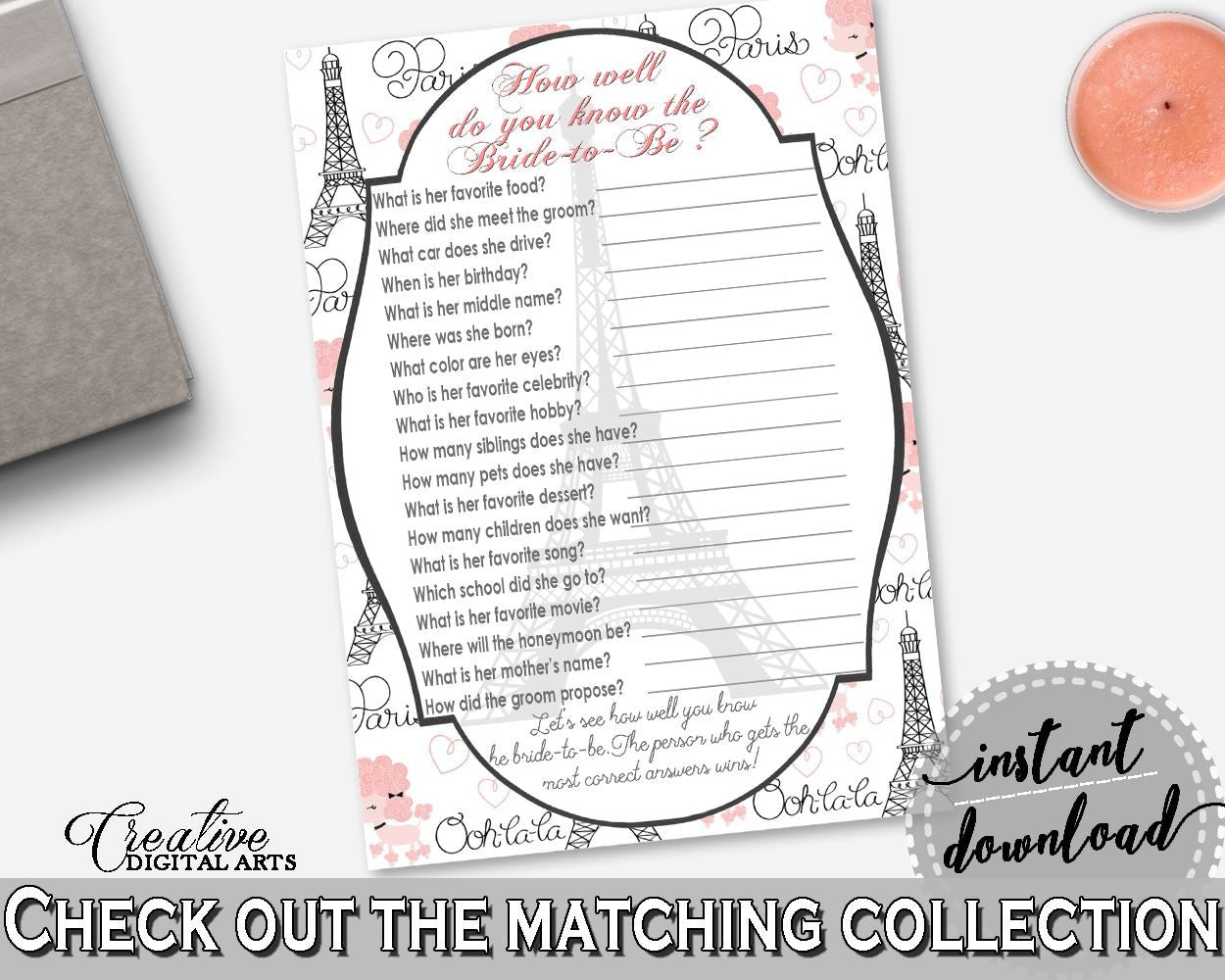 How Well Do You Know The Bride To Be in Paris Bridal Shower Pink And Gray Theme, the bride, bridal shower paris, pdf jpg, printables - NJAL9 - Digital Product