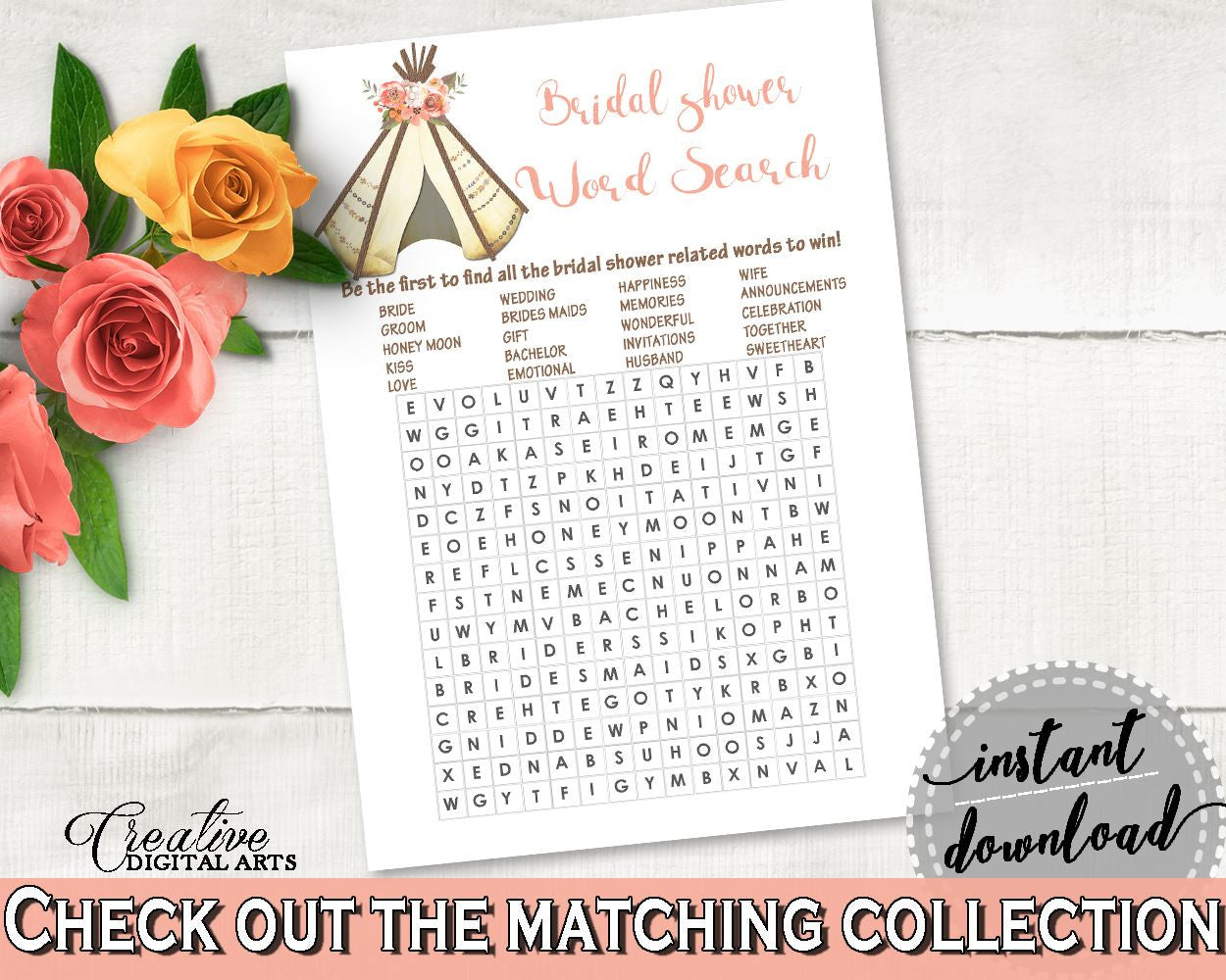 Word Search Bridal Shower Word Search Tribal Bridal Shower Word Search Bridal Shower Tribal Word Search Pink Brown paper supplies - 9ENSG - Digital Product