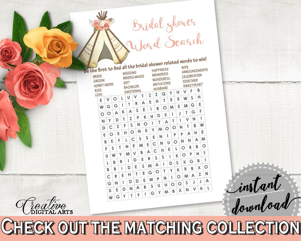 Word Search Bridal Shower Word Search Tribal Bridal Shower Word Search Bridal Shower Tribal Word Search Pink Brown paper supplies - 9ENSG - Digital Product