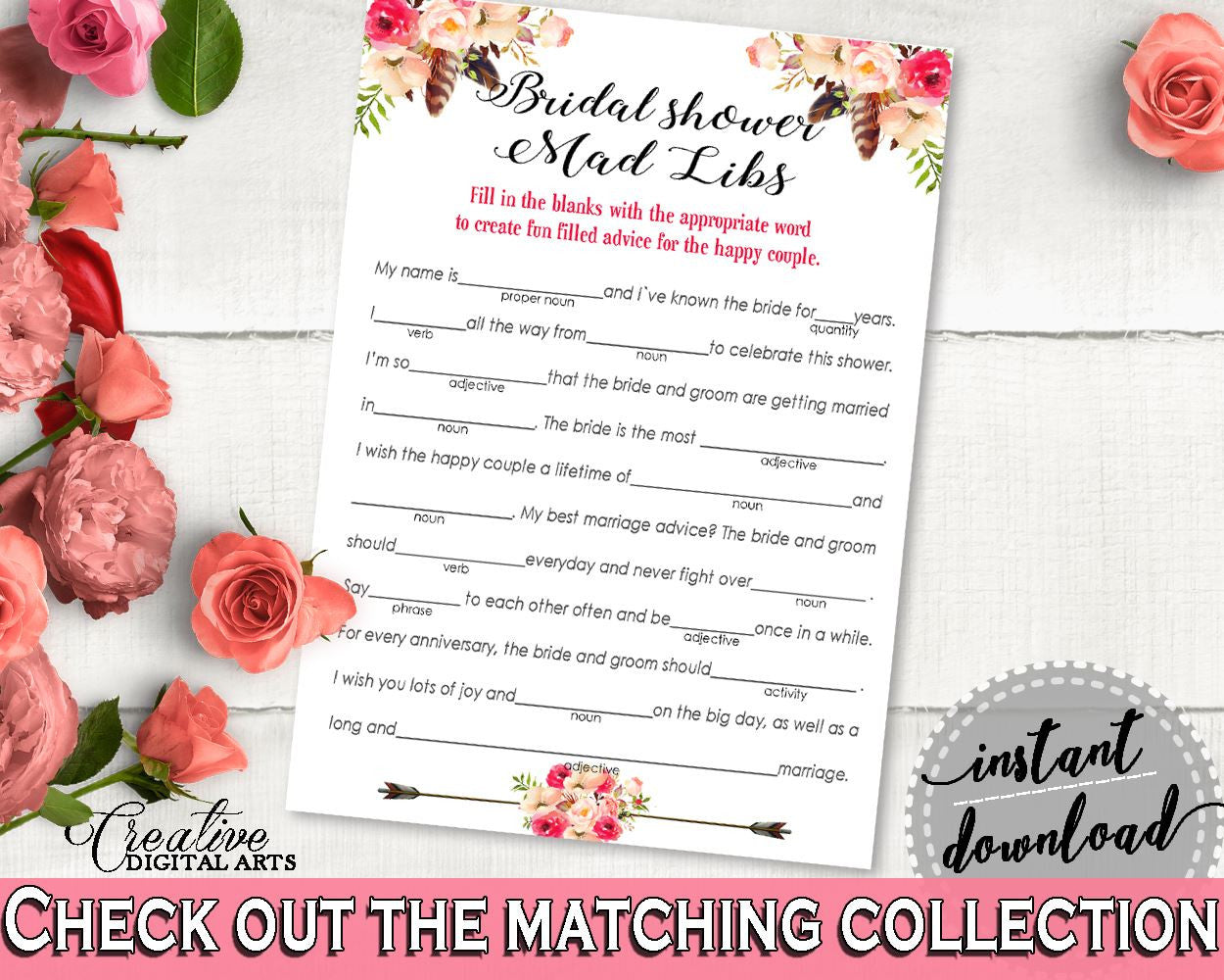 Bohemian Flowers Bridal Shower Mad Libs Game in Pink And Red, adverb, bohemian theme, shower celebration, printable files, prints - 06D7T - Digital Product