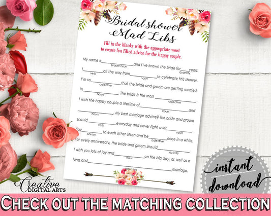 Bohemian Flowers Bridal Shower Mad Libs Game in Pink And Red, adverb, bohemian theme, shower celebration, printable files, prints - 06D7T - Digital Product