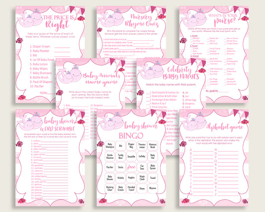 Pink Whale Baby Shower Games Printable Pack, Pink White Baby Shower Games Package Girl, Pink Whale Games Bundle Set, Instant Download, wbl02