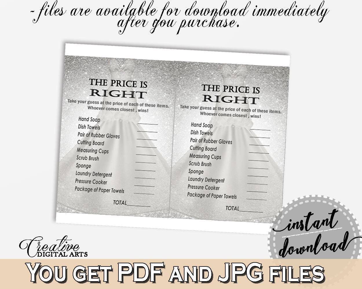 The Price Is Right Game in Silver Wedding Dress Bridal Shower Silver And White Theme, price game, glittering bridal, digital print - C0CS5 - Digital Product