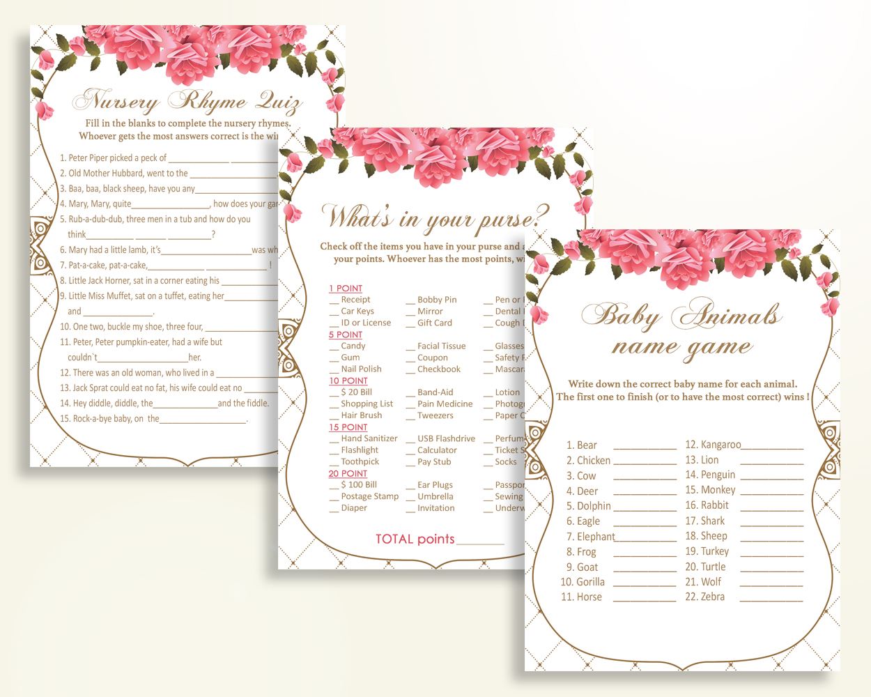 Games Baby Shower Games Roses Baby Shower Games Baby Shower Roses Games Pink White shower activity party theme prints party plan U3FPX - Digital Product