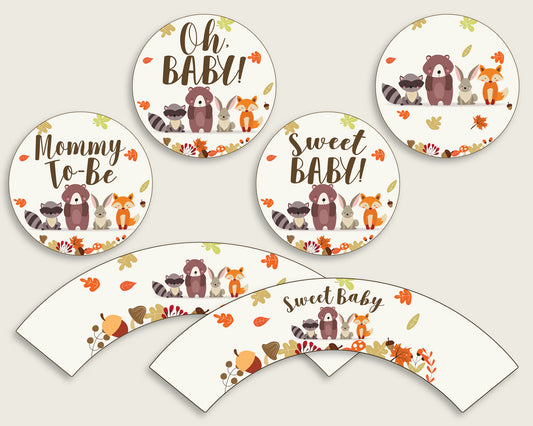 Woodland Cupcake Toppers, Brown Beige Cupcake Wrappers, Toppers Wrappers Baby Shower Gender Neutral, Instant Download, Bear Forest w0001