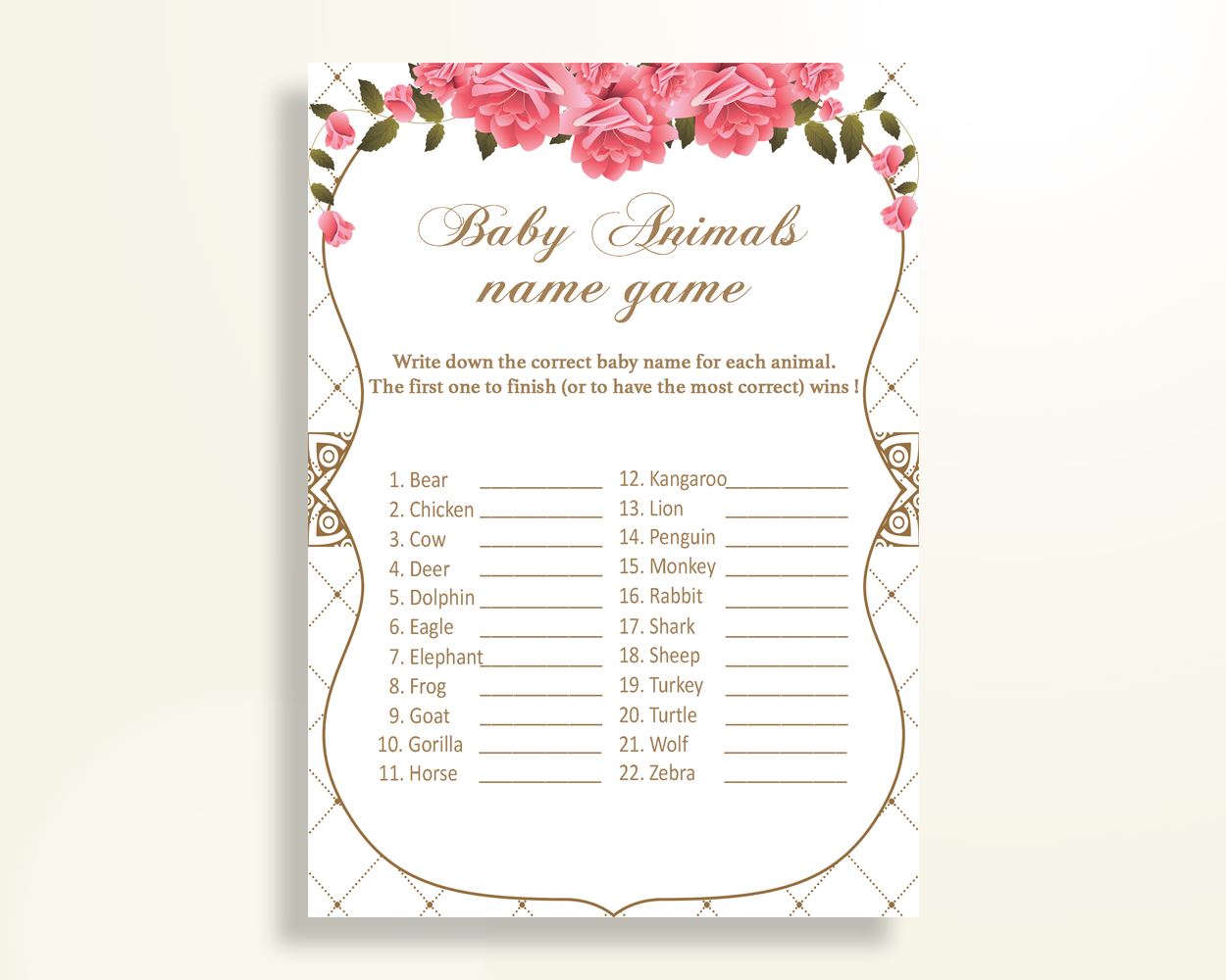 Baby Animal Names Baby Shower Baby Animal Names Roses Baby Shower Baby Animal Names Baby Shower Roses Baby Animal Names Pink White U3FPX - Digital Product