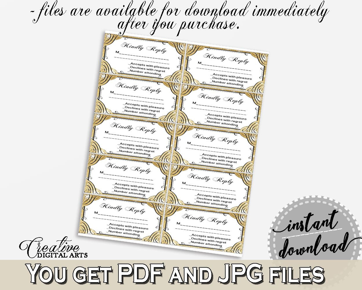 Glittering Gold Bridal Shower Invitation Insert Kindly Reply in Gold And Yellow, reception card, rich shower, party organizing - JTD7P - Digital Product