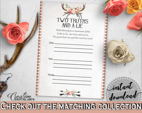 Antlers Flowers Bohemian Bridal Shower Two Truths And A Lie Game in Gray and Pink, unique bridal, boho rustic shower, party plan - MVR4R - Digital Product