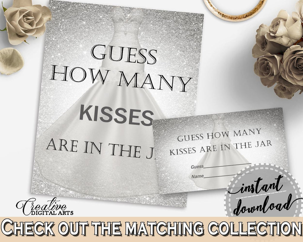 Silver And White Silver Wedding Dress Bridal Shower Theme: Guess How Many Kisses Game - guessing games, party decorations, prints - C0CS5 - Digital Product