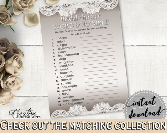 Traditional Lace Bridal Shower Word Scramble in Brown And Silver, bridal word scramble, silver lace, instant download, pdf jpg - Z2DRE - Digital Product