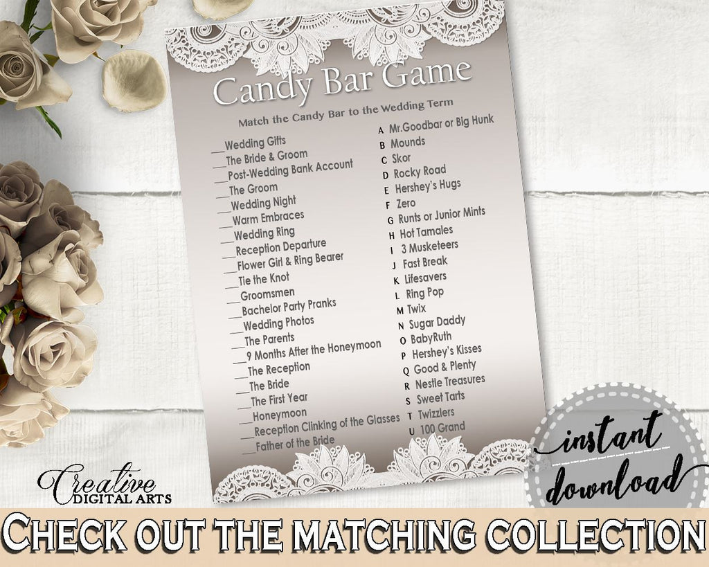 Traditional Lace Bridal Shower Candy Bar Game in Brown And Silver, how sweet it is, gray shower, party decor, paper supplies, prints - Z2DRE - Digital Product