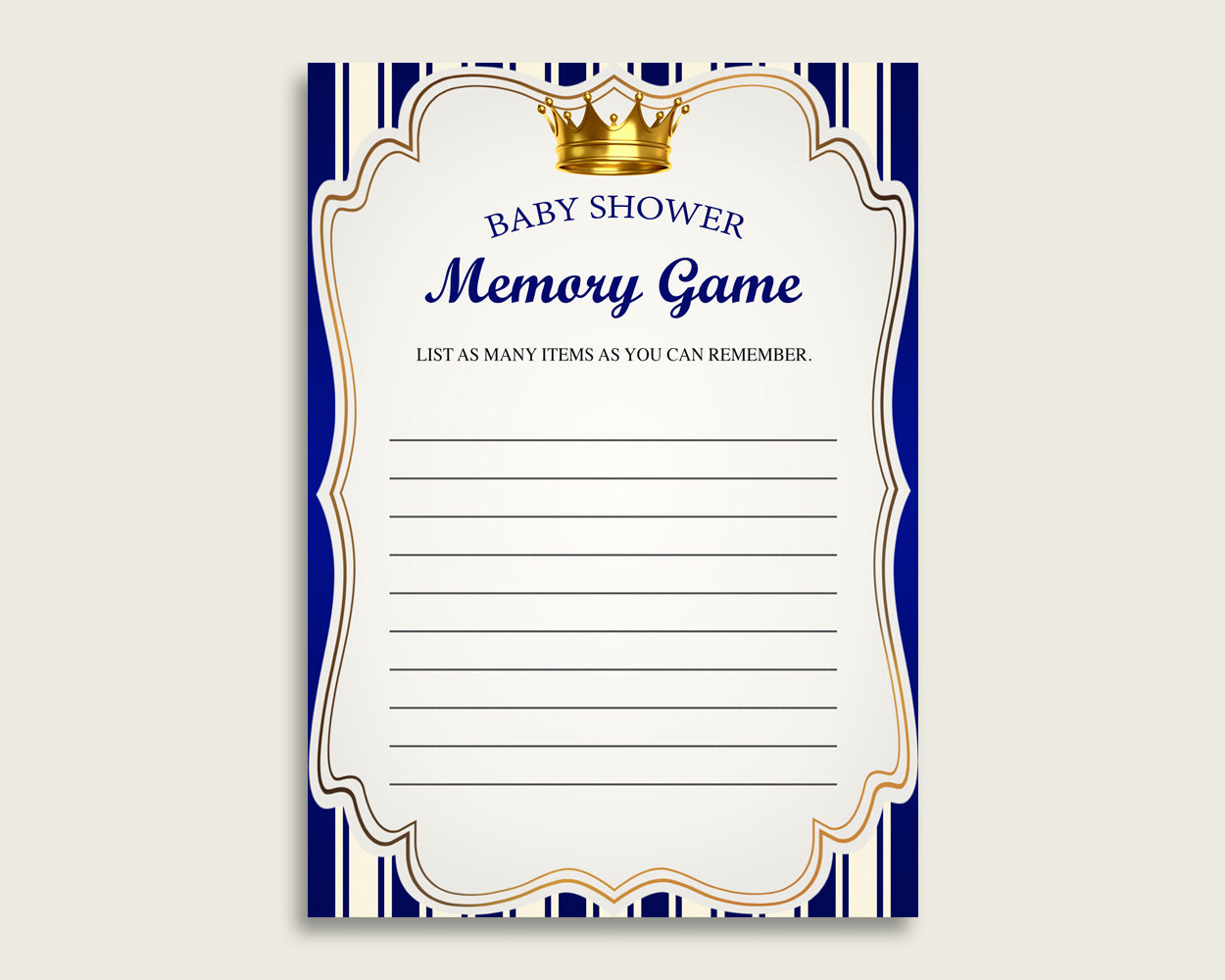 Royal Prince Baby Shower Memory Game, Blue Gold Memory Guessing Game Printable, Baby Shower Boy, Instant Download, Royal Blue rp001