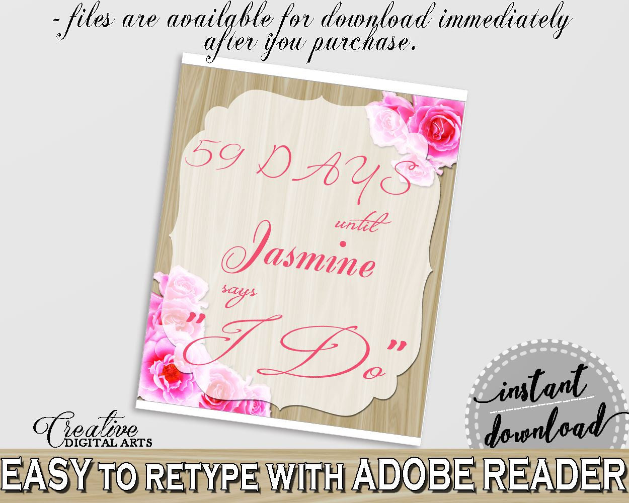 Pink And Beige Roses On Wood Bridal Shower Theme: Days Until I Do - bridal countdown, elegance theme, party stuff, party decorations - B9MAI - Digital Product