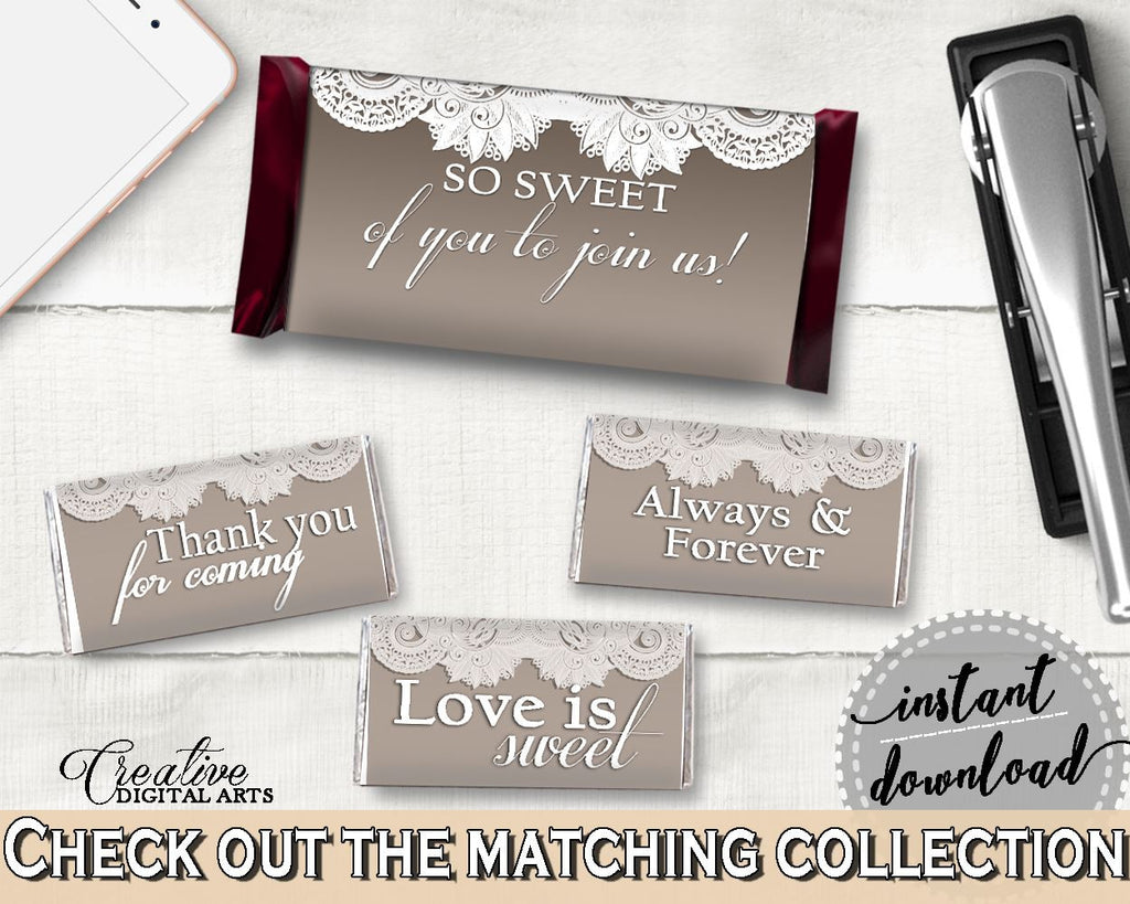 Brown And Silver Traditional Lace Bridal Shower Theme: Hershey Mini And Standard Wrappers - candy labels, customizable files - Z2DRE - Digital Product