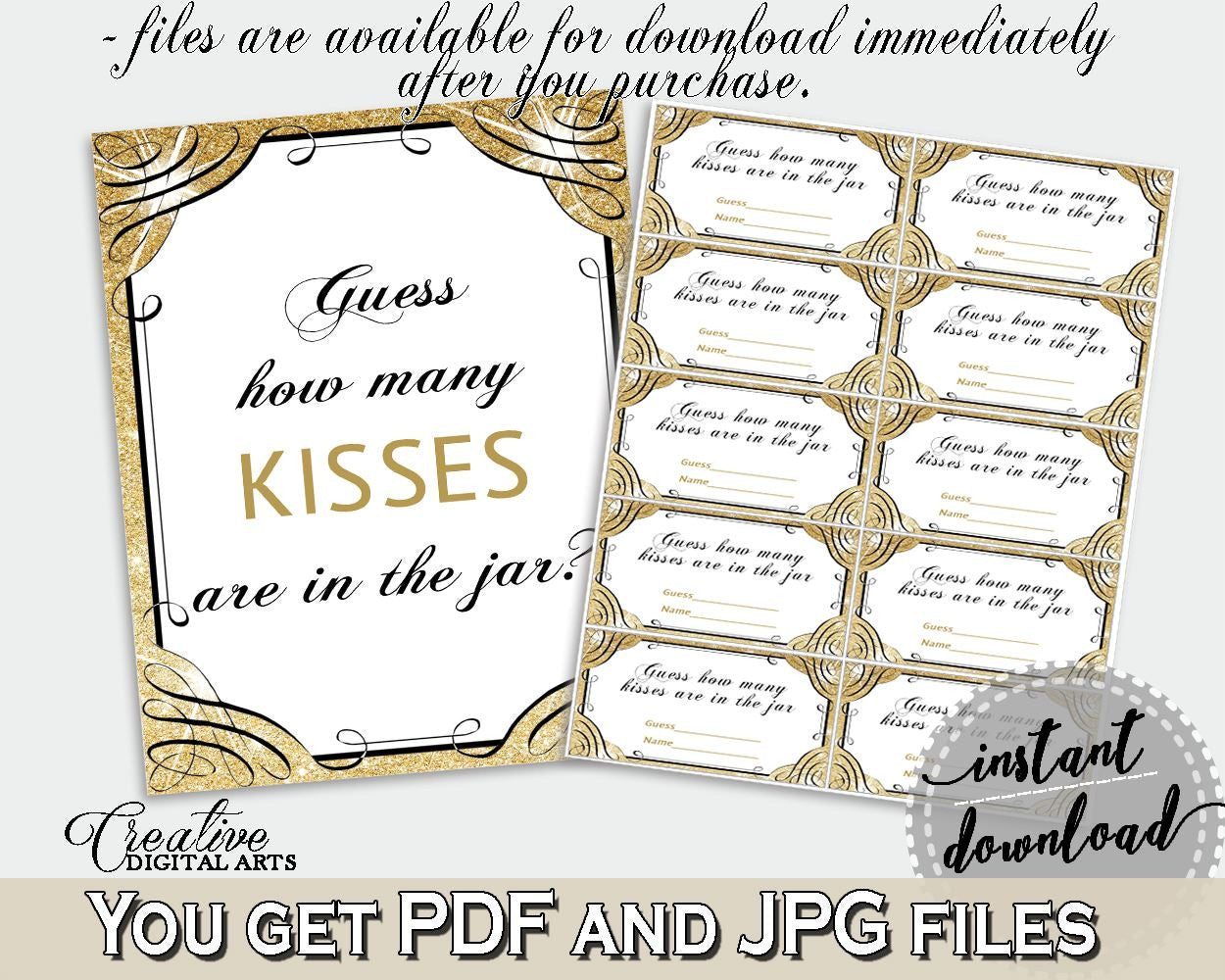 Guess How Many Kisses Game in Glittering Gold Bridal Shower Gold And Yellow Theme, guess the kisses, stunning bridal, party planning - JTD7P - Digital Product