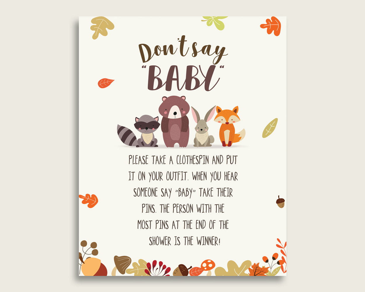 Brown Beige Don't Say Baby Printable Game, Gender Neutral Baby Shower Woodland Game Sign, Instant Download, 8x10, Animals Creatures w0001